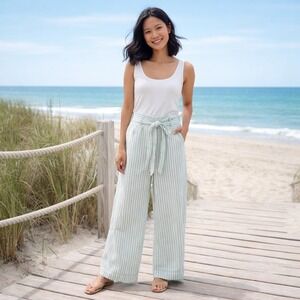 LOFT Outlet Wide Leg Pull On Pants M Petite MP Striped Linen Blend Coastal Beach